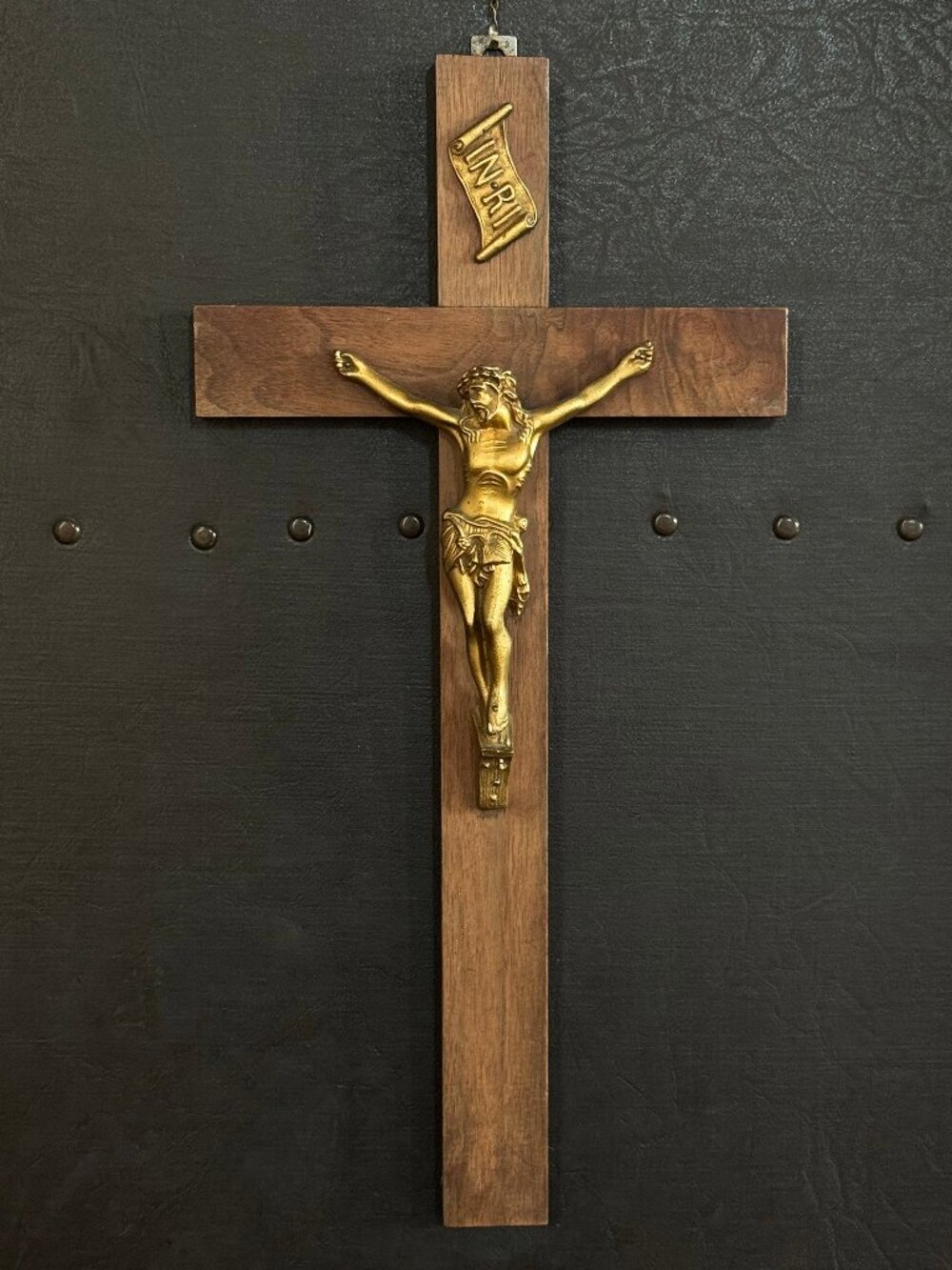 Large Wall Crucifix with Warm Gold Details, Vintage Wooden Cross 19.5" Tall.